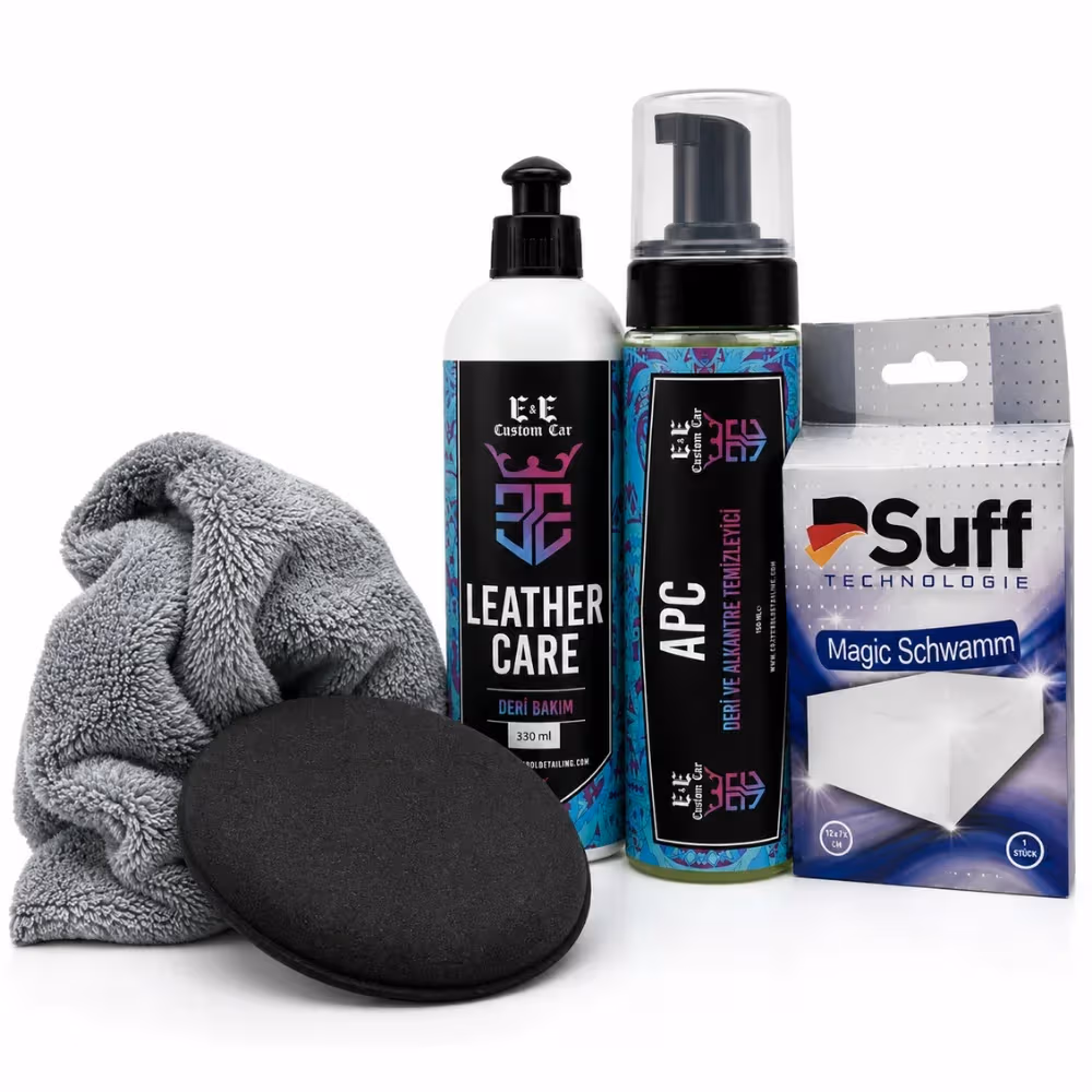 EE CUSTOM CAR DERİ TEMİZLEME VE BAKIM SETİ (APC VE LEATHER CARE, SUFF SİHİRLİ SÜNGER, MİKROFİBER BEZ, PED)